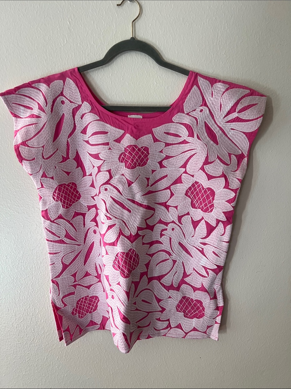 Bright Hot Pink Whit Bird & Floral Embroidered Boxy Cotton Oversized Top XS